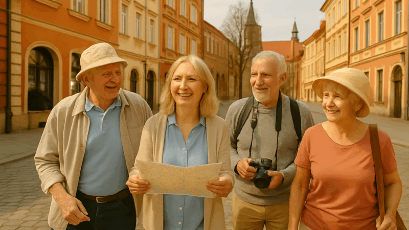 Grupa seniorów zwiedza polskie miasto
