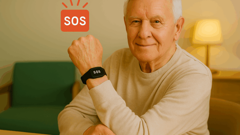 Senior pokazuje opaskę sos