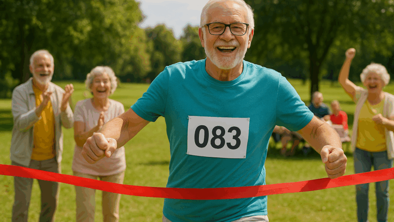 senior przebiega przez metę maratonu