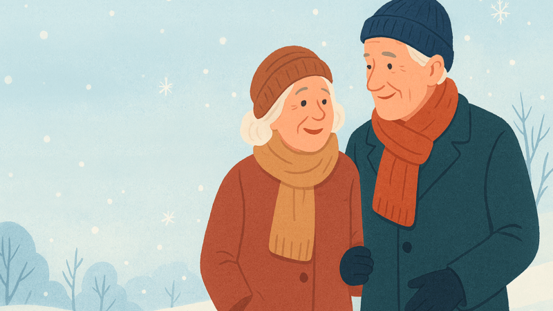 Para seniorów spaceruje po zaśnieżonym parku